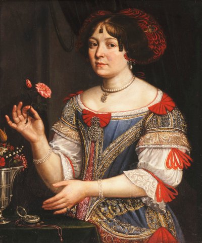 Portret van een dame, driekwart lengte, in een blauw en rood geborduurde jurk door Pier Francesco Cittadini