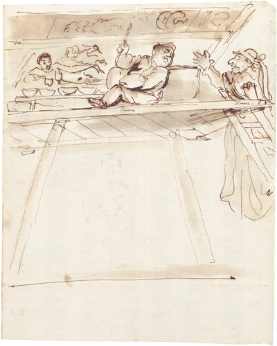 Een karikatuur van Pier Francesco Mola die Giovanni Battista Passeri onderbreekt bij het schilderen van een plafonddecoratie van een liggende Venus door Pier Francesco Mola