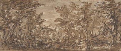 Bosscène, een Pauze aan de Linkerkant, een Jacht in het Midden, 1612-66 door Pier Francesco Mola