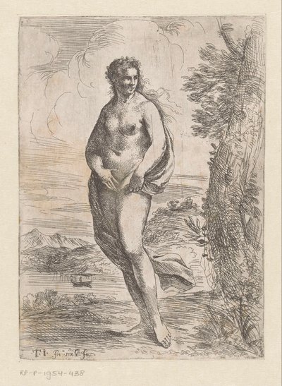 Staande naakte vrouw in landschap door Pier Francesco Mola