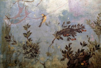 Vogel, detail van een fresco dat een tuin met bomen en vogels afbeeldt, uit het Huis van Livia op de Palatijnse heuvel, Rome, Italië. Romeinse beschaving door Blaise Nicolas Le Sueur