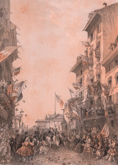 Intocht van koning Vittorio Emanuele II in Brescia, Lombardije door Blaise Nicolas Le Sueur