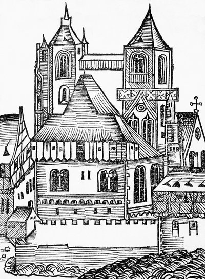 Abdij van Montecassino, Duitse houtsnede, uit de Neurenberg Kroniek (Liber Chronicarum) door Hartmann Schedel door Blaise Nicolas Le Sueur