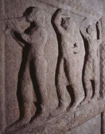 Muzikanten, detail van Funeraire stèle van Pontassieve, Toscane, Italië, Etruskische beschaving, 5e eeuw v.Chr. door Blaise Nicolas Le Sueur