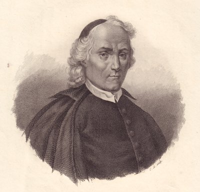 Portret van Italiaanse presbyter en historicus Ludovico Antonio Muratori (1672-1750), kopergravure door Blaise Nicolas Le Sueur