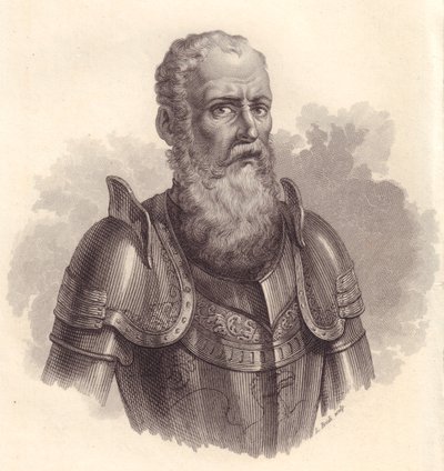 Portret van Italiaanse militaire leider Ezzelino III da Romano of Ecelino da Romano (1194-1259), kopergravure door Blaise Nicolas Le Sueur