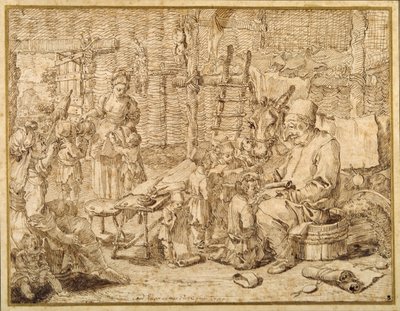 Polcinello geeft les in een schuur door Pier Leone Ghezzi