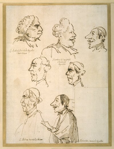 Zeven karikaturale profielen van vier zangers van de pauselijke kapellen door Pier Leone Ghezzi