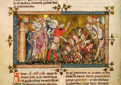 Verbranding van de Joden in 1349. Miniatuur uit: Tractatus quartus door Gilles de Muisit, ca 1353 door Pierart dou Tielt
