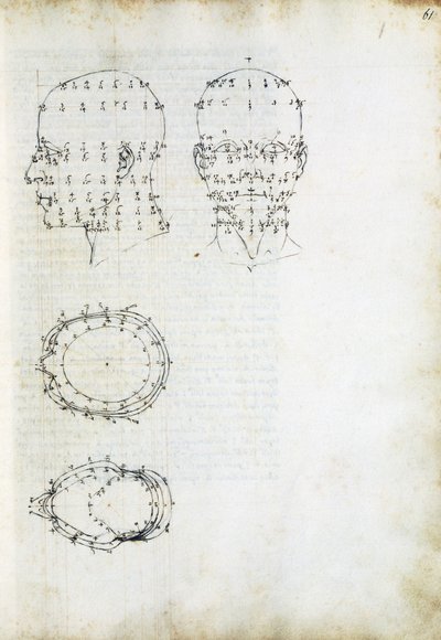 Constructie en geometrische projectie van hoofd, pagina uit De Prospectiva pingendi (Over perspectief van schilderen), door Piero della Francesca (ca. 1415-1492), Italië door Piero della Francesca