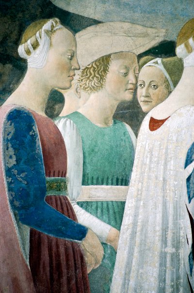 Detail uit De Legende van het Ware Kruis toont aanbidding van hout en ontmoeting van Koningin van Sheba en Koning Salomo door Piero della Francesca