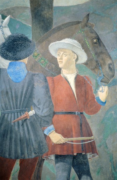 (detail) De legende van het ware kruis: aanbidding van hout en ontmoeting van de koningin van Sheba en koning Salomo door Piero della Francesca