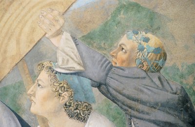 Detail uit De Legende van het Ware Kruis toont transport van Heilig Hout door Piero della Francesca