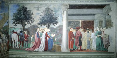 (Detail) uit de Legende van het Ware Kruis toont aanbidding van Heilig Hout en ontmoeting van koningin van Sheba en koning Salomo, door Piero della Francesca door Piero della Francesca