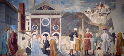Detail van de Legende van het Ware Kruis die de ontdekking en verificatie van het Ware Kruis toont door Piero della Francesca