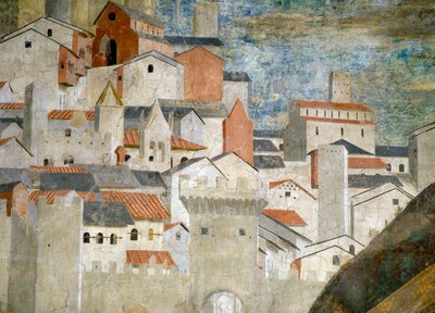 De Koningin van Sheba die de Brug van het Hout van het Ware Kruis Aanbidt (detail) door Piero della Francesca
