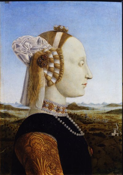 Portret van Battista Sforza uit de gepaarde portretten van Federico da Montefeltro en zijn vrouw, de hertog en hertogin van Urbino, 1472 door Piero della Francesca