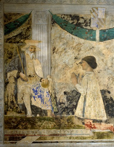 Portret van Sigismondo (Sigismond) Pandolfo Malatesta (1417-1468) in gebed voor San Sigismondo (Sigismondo). Fresco door Pietro di Benedetto dei Franceschi genaamd Piero della Francesca (1422-1492) door Piero della Francesca