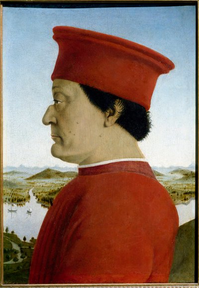 Portretten van Federico de Montefeltro, Hertog van Urbino en Battista Sforza. Detail van Federico da Montefeltro door Piero della Francesca