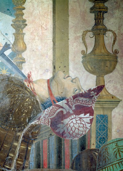 De Legende van het Ware Kruis, de Slag van Heraclius en Chosroes, man wiens keel wordt doorgesneden (detail) door Piero della Francesca