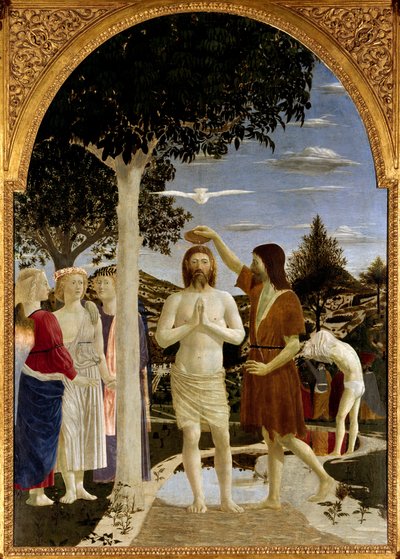 De doop van Christus. Johannes de Doper doopt Jezus terwijl een andere man zich ook voorbereidt op de doop. De Heilige Geest boven Christus in de vorm van een duif en de discipelen links kijken toe. Fresco door Piero della Francesca door Piero della Francesca