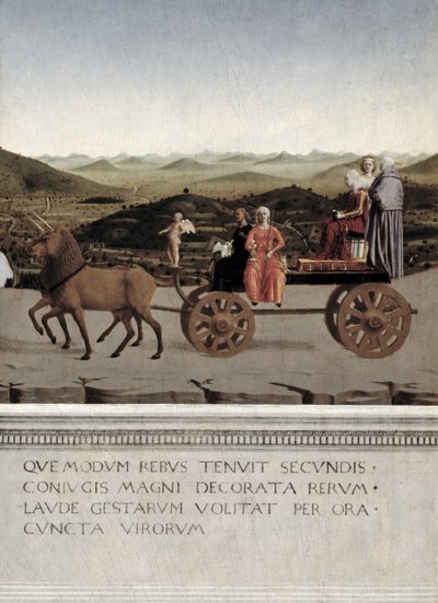 Triomf van Battista Sforza, Hertogin van Urbino. Battista en haar dienstmaagd, twee Theologische Deugden en een non worden getrokken in een triomfwagen door twee bruine eenhoorns, na 1472 (detail) door Piero della Francesca