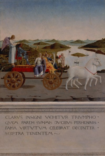 Triomf van Federigo da Montefeltro, Hertog van Urbino; Federigo en de vier Kardinale Deugden in een triomfwagen getrokken door witte eenhoorns, gevleugelde Overwinning houdt de hertogelijke kroon vast, geschilderd na 1474 door Piero della Francesca