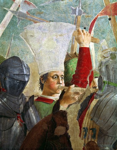 Trompetter, detail van de Slag bij Heraclius en Chosroes, uit de Legende van het Ware Kruis-cyclus, voltooid 1464 door Piero della Francesca
