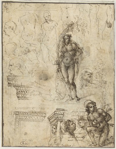 Studieblad met hoofden, figuren en architectuurfragmenten door Piero di Cosimo (attributed to)