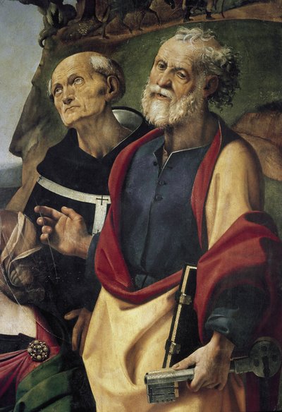 St. Petrus en St. Philip Benizi, detail van Madonna met Kind op de troon omringd door heiligen door Piero di Cosimo