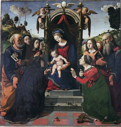 Maagd en Kind op de troon omringd door heiligen door Piero di Cosimo