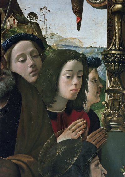 Maagd en Kind op de troon omringd door heiligen (detail) door Piero di Cosimo