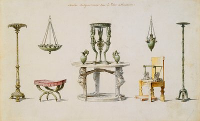 Verschillende vazen, meubels, altaren en tripoden ontdekt in Herculaneum door Pierre Adrien Paris