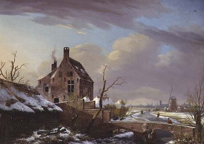 Winterlandschap met figuren bij een brug door Pierre François De Noter