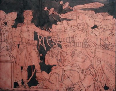 Napoleon I (1769-1821) ontvangt de overgave van de Egyptische leiders tijdens de Egyptische campagne, voorbereidende schets voor een vaas door Pierre Nolasque Bergeret