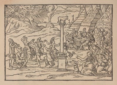 Aanbidding van het Gouden Kalf, uit Figure de la Biblia, geïllustreerd door Gabriel Simeoni door Pierre (attr. to) Eskrich