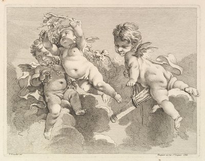Drie liefdes, een met een koker, de ander met druiven, 1727-60 door Pierre Alexandre Aveline