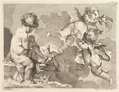 Drie liefdes, waarvan één zit en een pijlkoker vasthoudt door Pierre Alexandre Aveline