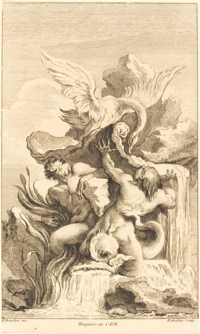 Twee tritons en een zwaan, in of na 1736 door Pierre Alexandre Aveline