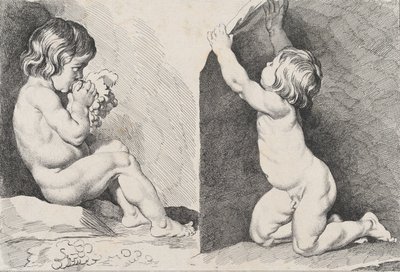 Twee naakte kinderen die druiven eten, uit Nieuw Boek van Kinderen door Pierre Alexandre Aveline