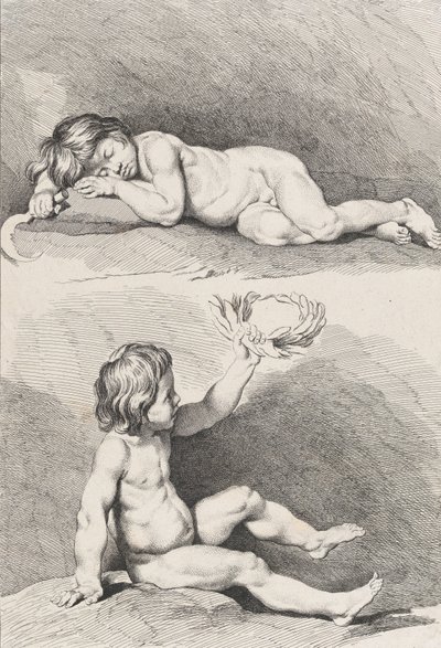 Twee naakte kinderen, een slapend en de ander met een krans, uit Nieuw Boek van Kinderen..., 1720-60 door Pierre Alexandre Aveline