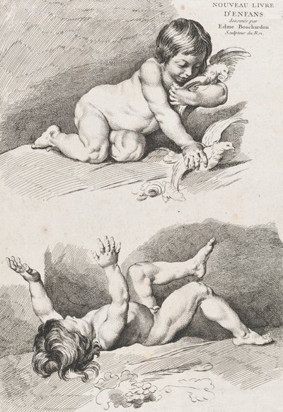 Twee naakte kinderen die met een blad spelen, uit Nieuw Boek van Kinderen, 1720-60 door Pierre Alexandre Aveline
