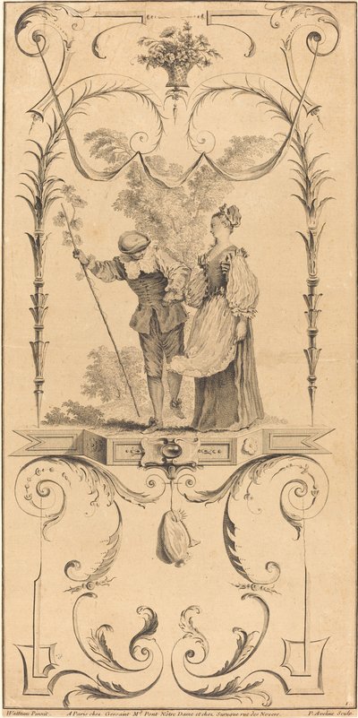 Herder en herderin (?) door Pierre Alexandre Aveline after Antoine Watteau