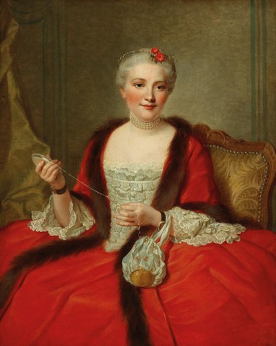 Portret van een elegante dame, met een weefspoel door Pierre Allais