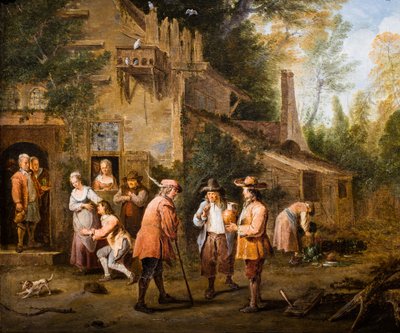 Scène op de binnenplaats van een herberg door Pierre Angelis or Angillis
