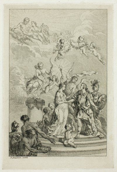 Allegorie van het huwelijk van de Dauphin Louis met de Infanta Maria Theresa van Spanje door Pierre Antoine Baudouin
