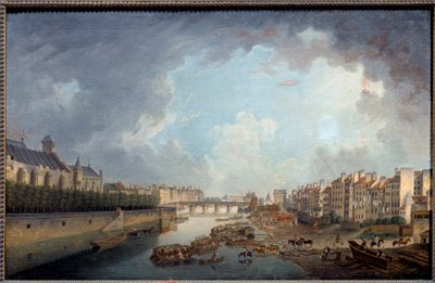 De boog, de brug van de Tournelle en de Quai Saint Bernard gezien vanaf het hotel dieu. Uitzicht op Parijs. Schilderij door Pierre Demachy (1723-1807) door Pierre Antoine Demachy