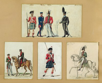 De uniformen van Schotse soldaten en Pruisische, Engelse, Hannoveraanse en Russische officieren in 1814 door Pierre Antoine Lesueur