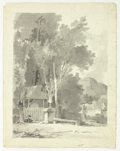 Klassieke urne voor een schuurtje, met tempel en berg op de achtergrond door Pierre Antoine Mongin