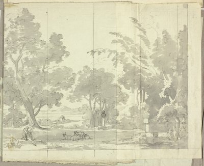 Fantasielandschap met ruïnes en figuren door Pierre Antoine Mongin